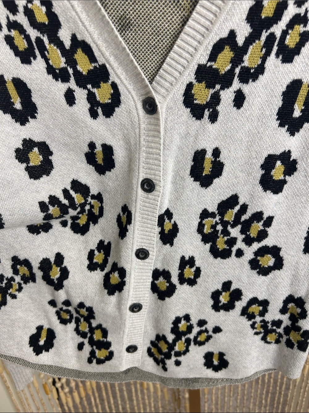 CAbi Gray Leopard-Print V-Neck Cardigan with Black and Olive Spots - Picture 5 of 7
